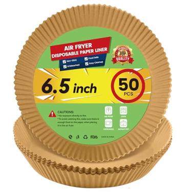 Imagem de Forros de Papel Descartáveis Atualizados - 50 Peças Espessadas de 6,5 Polegadas para Fritadeiras a Ar de 2-5 L, Papel Pergaminho Reversível para Fritadeira a Ar, Assar e Mais