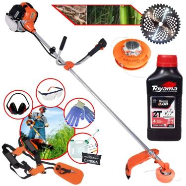 Imagem de Roçadeira À Gasolina TERRA GR520XP 2T 52cc 2,5HP Completo C/ Lâmina Circular, Carretel Nylon e Cinto de Sustentação Duplo + KIT EPI + ÓLEO TOYAMA 2T