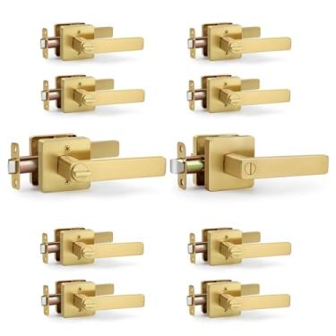 Imagem de LOQRON Maçaneta de porta quadrada de privacidade, maçaneta de porta resistente dourada escovada com trava de privacidade para porta de quarto e banheiro, pacote com 10 maçanetas reversíveis para