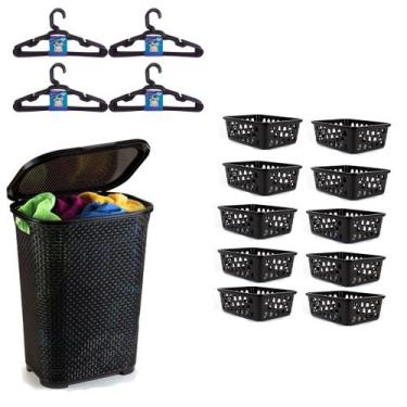 Imagem de Kit 1 Cesto Basculado + 10 Cestos P + 20 Cabides Infantil Preto - Arqp