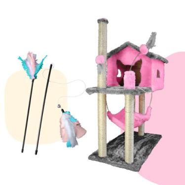 Imagem de Kit Arranhador Casa Com Rede Para Gato 2 Andares Varinhas Interativas 