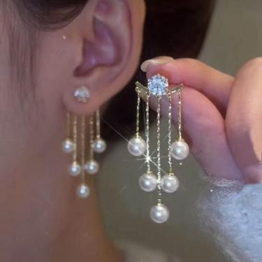 Imagem de Brinco Festa Feminino Delicado Pérola Strass Gota Luxo Pinge - anjo da
