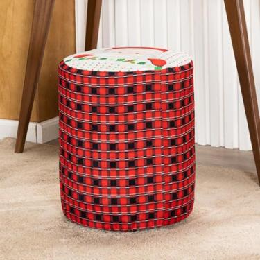 Imagem de Capa de Puff Redondo Grande Estampada Natalina Avulsa Ajustável com Elástico - Tecido Veludo Suede Decoração Natal Banquinho Cilindro Sala Quarto Pufe Banco Protetor Centro (Papai Noel Xadrez)