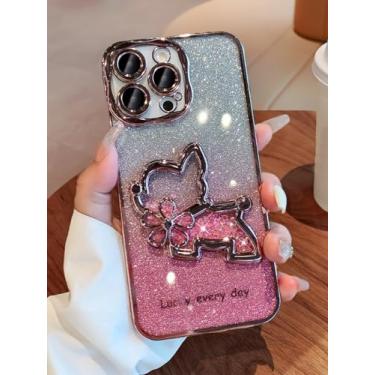 Imagem de Roemary Capa de filhote de cachorro para iPhone 15, para iPhone 15, filhote de diamante, capa de telefone de cachorro floral com protetor de câmera - amortecedor rosa e traseira rosa