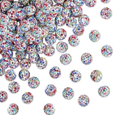 Imagem de NUKAYAI 100 contas de strass brancas multicoloridas para pulseira, contas de beisebol de cristal brilhante de 10 mm para artesanato, contas de bola de discoteca a granel, contas de argila de diamante