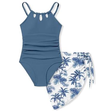 Imagem de KANGKANG Maiô feminino de secagem rápida com corte de peça única com estampa tropical saída de praia 7-16 anos, Azul-escuro - 1, 11-12 Anos