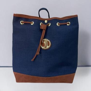 Imagem de Bolsa mochila  linho e couro jj oliver - JJ Oliver  , Azul