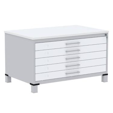 Imagem de Mapoteca 5 Gavetas Pandin 120cm (Larg) Inmetro Tampo MDP Branco Estrutura Aço Cinza Gavetas Brancas