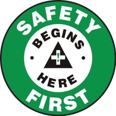 Imagem de Accuform MFS801 Placa adesiva de vinil antiderrapante para chão redondo, legenda "Safety First - Safety Begins HERE", 20 cm de diâmetro, verde/preto/branco