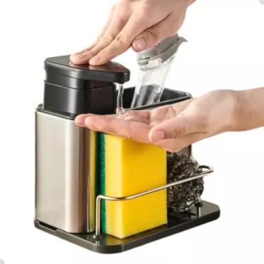Imagem de Porta Detergente Com Dispenser Para Sabão Líquido Suporte De Esponja Bucha Inox Organização Cozinha Pia Organizador Utensílios Escoamento Água Escorredor Balcão Limpeza Higiente Escorre Talher Louça