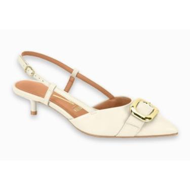 Imagem de Scarpin Vizzano Slingback, Branco Off, Salto Baixo Kitten, Fivela Dourada