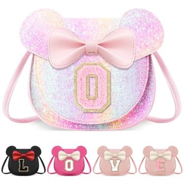 Imagem de izuzta Bolsa infantil para crianças 1 2 3 4 5 6 7 8 anos de idade bonito mouse orelha laço bolsa transversal presente de aniversário, Bolsa grande/brilhante/letra rosa, O, O