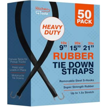 Imagem de Cordões elásticos de borracha com ganchos – Pacote variado de 25 a 23 cm, 50 a 38 cm, 50 a 53 cm – Tiras de lona plana para uso externo resistente – Borracha natural