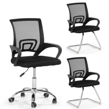Imagem de Kit Cadeiras de Escritório 1 Secretária Office + 2 Fixa - Preto