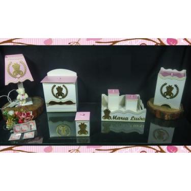 Imagem de Kit Higiene bebê Mdf decorado 7 pçs - BRANCO E ROSA COM PÉROLAS DE URS
