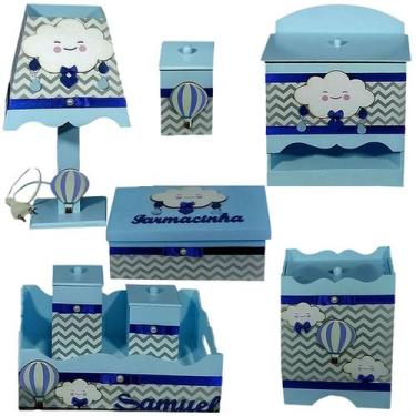 Imagem de Kit Higiene bebê Mdf menino 8 pçs - CHUVA DE AMOR NO AZUL BB CHEVRON C