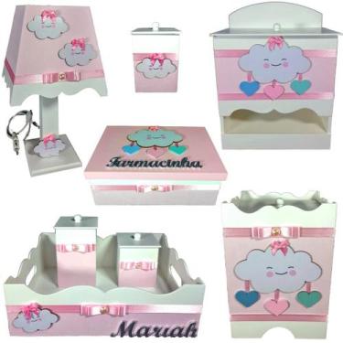 Imagem de Kit Higiene bebê Mdf 8 peças menina - CHUVA DE AMOR ROSA BB - Flores p