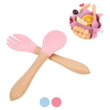Imagem de Kit Talheres Bambu Silicone Colher + Garfo Refeição Bebê Rosa