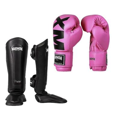 Imagem de Kit Luva de Boxe Feminina MXM Rosa + Caneleira Muay Thai Classic Preto - Maximum (LUVA 10oz + CANELEIRA M)