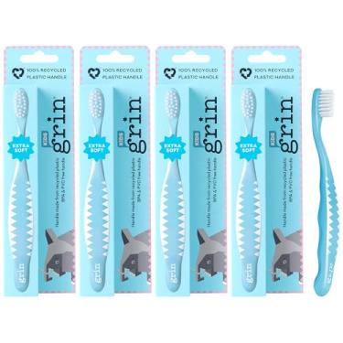 Imagem de Grin Escova de dentes infantil 100% reciclada, extra macia, 4 unidades, azul, cuidado delicado para dentes de bebês e crianças pequenas