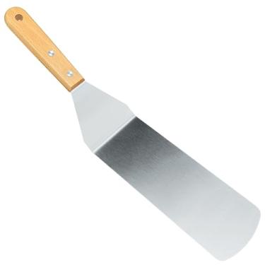 Imagem de Espátula de metal longa, espátula grossa de aço inoxidável com cabo de madeira, espátula de hambúrguer, raspador de panqueca, ótimo para churrasqueira e chapa plana (35,5 cm)
