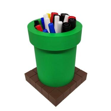 Imagem de Porta Objetos Caneta Cano Com Base Tijolinhos 3d Decorativo Mario Geek Gamer