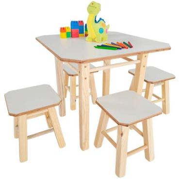 Imagem de Mesa com 4 Banquinhos Infantil Resistente De Madeira Maciça - JANETS L