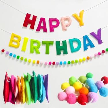 Imagem de Lotusamber Faixa pré-amarrada de feliz aniversário, 2 peças, guirlanda de feliz aniversário de feltro 3D com bolas de pompom, decorações de aniversário de arco-íris, placa de feliz aniversário