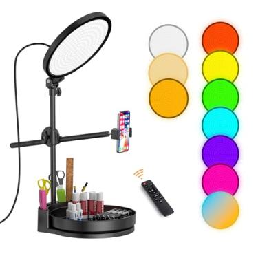 Imagem de Kit de luz de selfie para mesa e laptop, anel de luz regulável de 55 W, com caixa de armazenamento giratória, suporte de caneta, suporte de telefone e controlador (preto-RGB, 10,5)