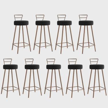 Imagem de Kit 09 Banqueta Alta Com Encosto Tina Eiffel Cozinha Bar Bistrô Ferro Bronze Suede Preto - Ahz Móveis