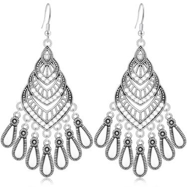 Imagem de Ricarmo Brincos boêmios vintage de prata lustre vazado com franja esmaltada e pingente leve brincos pendentes delicados em gota de cristal para mulheres joias presentes, Metal, Cristal