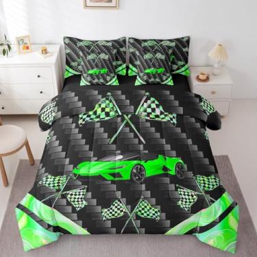 Imagem de Feelyou Conjunto de cama solteiro de carro de corrida verde, 7 peças, para esportes radicais, para crianças, adolescentes, adultos, velozes e furiosos, conjunto de cama com bandeira deslumbrante