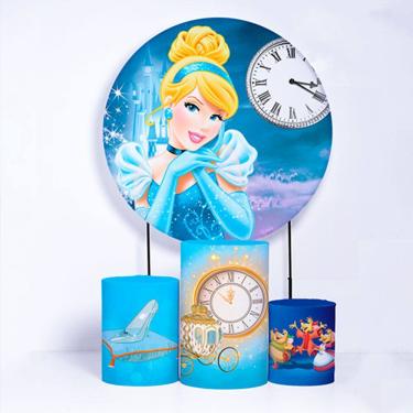 Imagem de Kit Painel de Festa Redondo de 1,50m e Trio de Cilindros Cinderela - Fera Print
