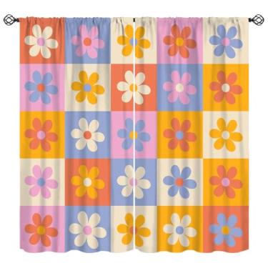 Imagem de Cortina xadrez floral retrô, estética floral descolada colorida meados do século moderno hippie boho tratamentos de janela para quarto, sala de estar, casa, cozinha, 132 cm L x 213 cm C