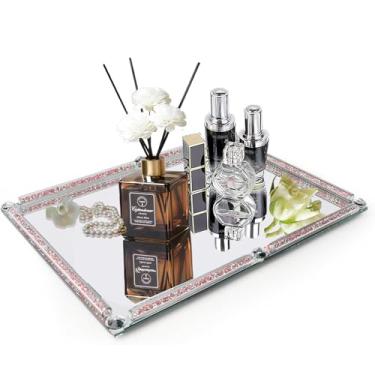 Imagem de Bandeja grande de cristal de vidro, bandeja retangular de exibição de maquiagem de perfume de diamante triturado de 39,9 cm x 30 cm, organizador de maquiagem de cristal para banheiro, decoração de