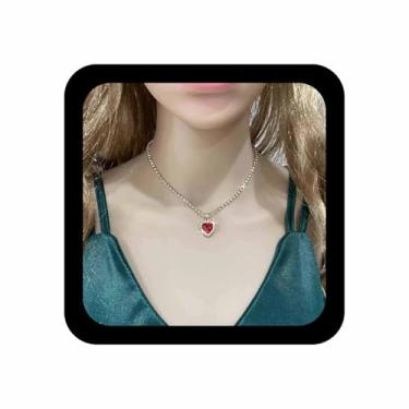Imagem de Ximdble Colar com pingente de coração rubi de cristal vintage boho coração amor colar strass corrente de strass vermelho rubi amor colar gargantilha para mulheres, Zinco, Sem Pedra Preciosa