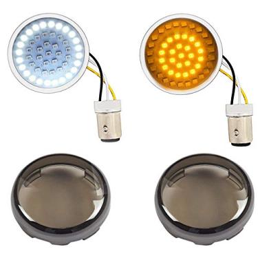 Imagem de DTR2017 1157 Luzes de seta de LED dianteiras, luz de corrida bala de 5 cm com capa de lente fumada para Harley Sporster 1200, Dyna, Road King, Street Glide, Softail 2020