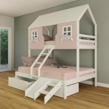 Imagem de Beliche Casal/ Solteiro Casinha Encantada com 02 Gavetas Kit Escada/ E
