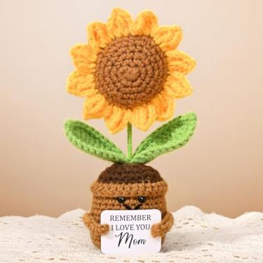 Imagem de dededa Flores de crochê com cartão - Remember I Love You Mom, para mamãe vovó, decorações positivas de malha de girassol de crochê, decoração de carro de escritório em casa