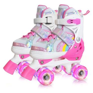 Imagem de Patins Nattork para meninas, para crianças, crianças, 4 tamanhos, ajustáveis, arco-íris, quatro patins com rodas iluminadas, melhor presente para meninos, crianças, iniciantes, ambientes internos e externos, P