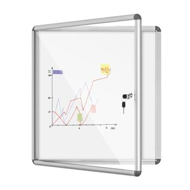 Imagem de Mifuro Quadro de avisos fechado de 71 x 66 cm, quadro de avisos de alumínio resistente a intempéries bloqueável para escola e escritório, moldura prateada com quadro branco magnético