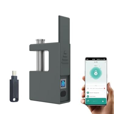 Imagem de KENRONE Cadeado biométrico em forma de D, aplicativo Tuya e desbloqueio de impressões digitais, cadeados sólidos resistentes adequados para portões de contêineres, armazéns, caixas de correio