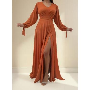 Imagem de Vestido Longo Festa Madrinha Manga Aberta Com Fenda E Decote - Casual 