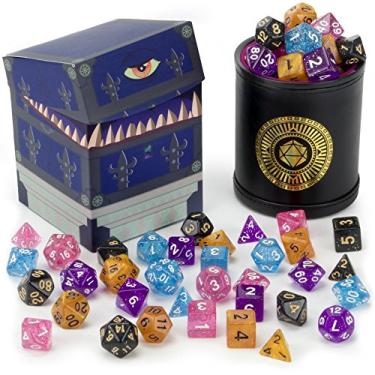 Imagem de Wiz Dice Cup of Wonder: 5 conjuntos de 7 dados poliédricos com glitter premium para RPGs de mesa com copo de dados de couro bicast preto