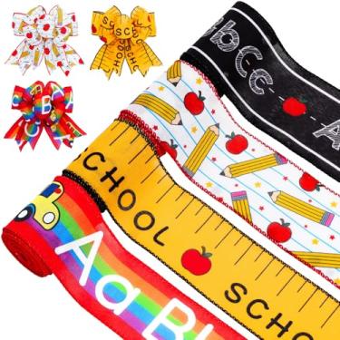 Imagem de FYSUIMU 4 rolos de fitas de borda com fio de volta às aulas ABC régua de lápis de maçã fita de artesanato listra de ônibus escolar 6 cm 20 jardas fita de embrulho de tecido para decoração de casa de