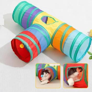 Imagem de Túnel Labirinto Colorido para Gatos e Cães Pequenos em Formato T, Dobrável, Brinquedo Interativo Material Resistente.