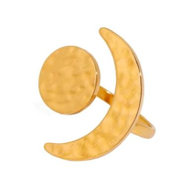 Imagem de OIDIMS Anel de compromisso feminino com sol e lua celestial banhado a ouro 18 k de aço inoxidável ajustável banda aberta minimalista anel de dedo médio para noivado, aniversário, amizade, moda, ajuste