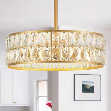 Imagem de Salaiwei Lustre De Cristal Moderno 16" Com 4 Luzes, Dourado, Para Sala Jantar, Redondo Pendente Ilha Cozinha, Teto Embutido Estar, Entrada, Quarto, Hall Entrada