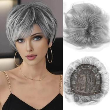 Imagem de MIMAN Short Pixie Hair Toppers Para Mulheres, Apliques De Cabelo Grisalhos E Fofos Com Franja, Topper Sintético Fino Aparência Natural Presilha