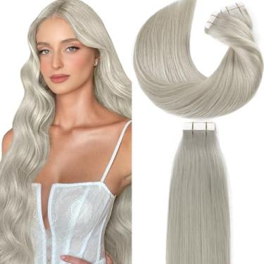 Imagem de Loxxy Extensões De Cabelo Humano Com Fita Loira, 14 Polegadas, Cinza Claro, 50G/Pacote, 20 Peças, Liso, Sem Costura, Trama Pele, Remy, Duplo Macio